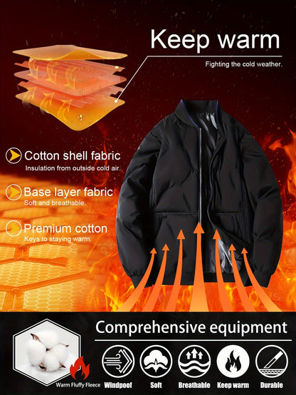 Casual Fleece Puffer Winterjacke mit einfarbigem Design und Reissverschluss für Herren | Ideal für den Winter